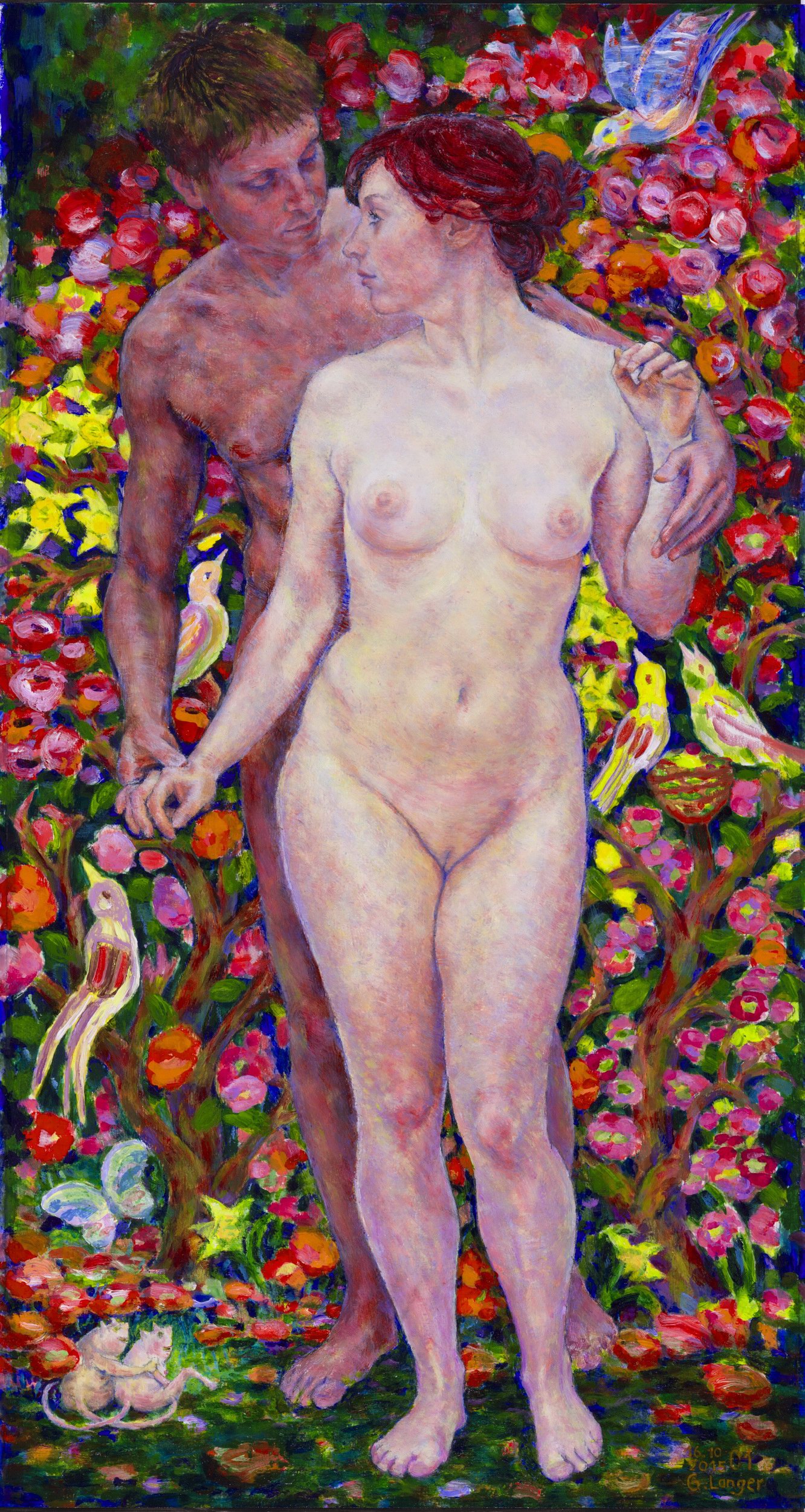 Gunter Langer, stehender weiblicher und männlicher Akt, Adam und Eva, sich anschauend, Adam und Eva, 2015, Acryl Malerei, Karton, 100 x 53 cm